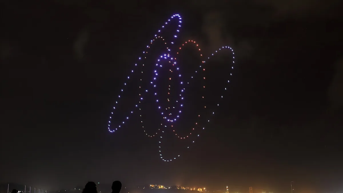 Figure dessinée par des centaines de drones lumineux la nuit